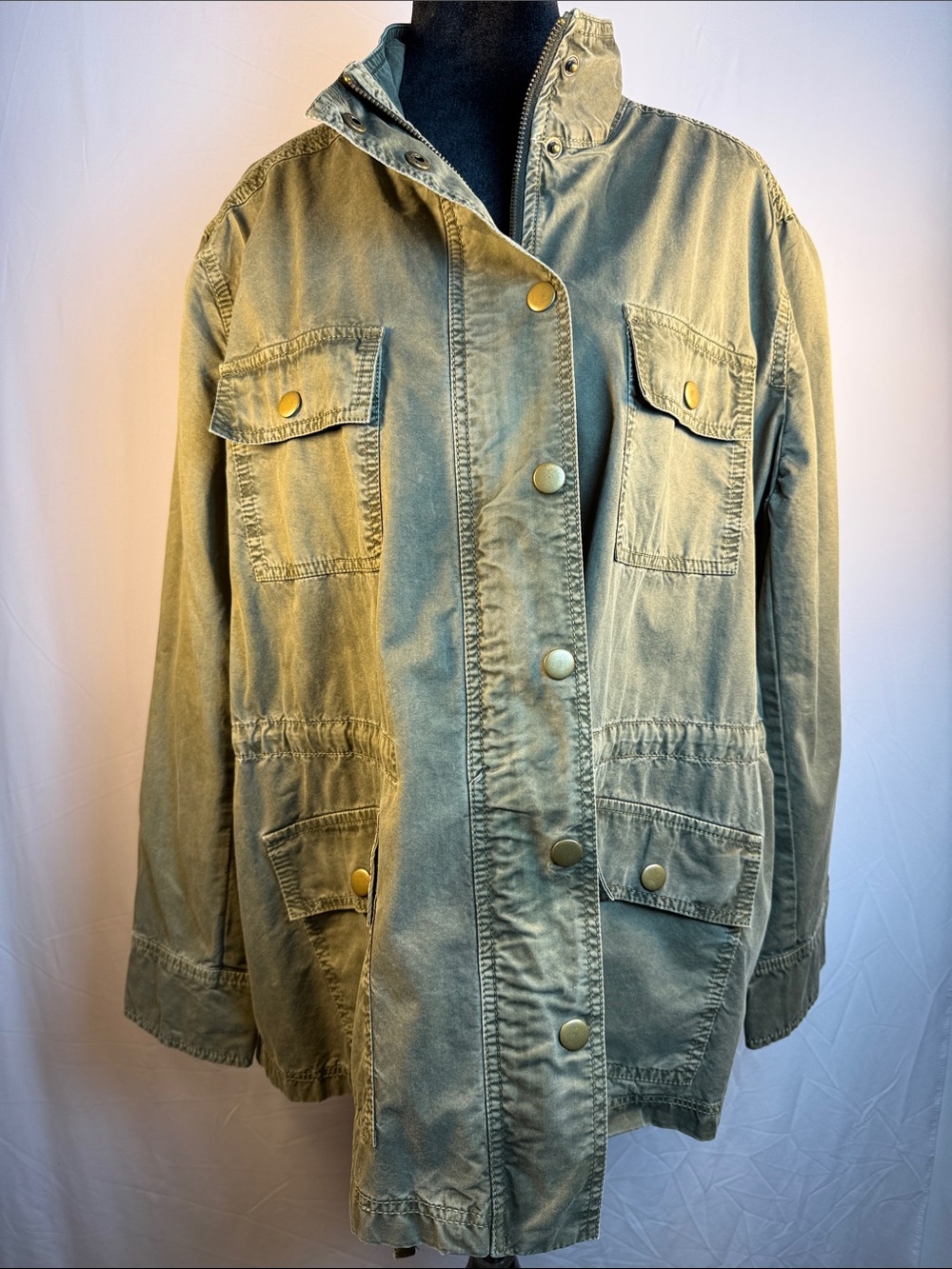 Caslon Olive Utility Jacket with Snap Pockets, Detail Cuffs, & Adjustable Waist